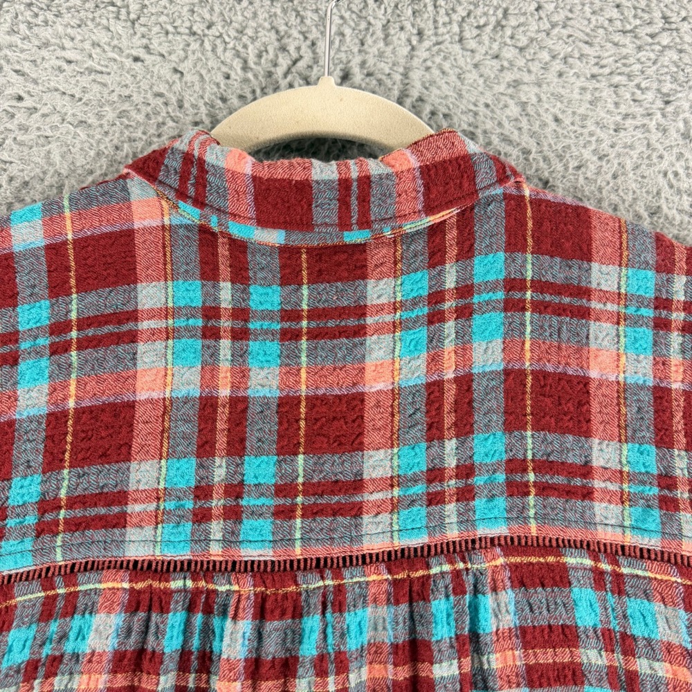 Pilcro Shirt Dress Women Medium Red Turquoise Plaid Crinkle Midi Tunic OB1609132 - Picture 13 of 14
